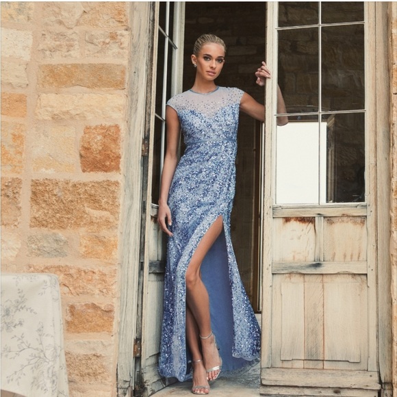 Mac Duggal Size 14 Blue 5619 Sequins  Beaded Illusion Neck Formal Gown 5619 Prom - Picture 1 of 16